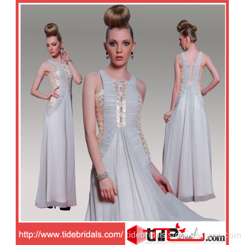 Fast Shipping Straps Chiffon Evening Dress A-Line Gold Sequined Prom Dress (30987)